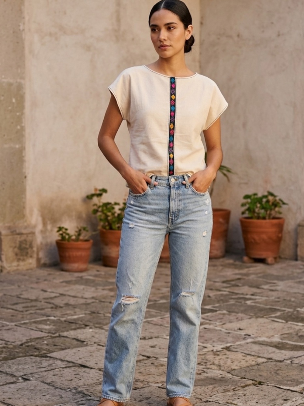 Handmade Embroidered Cross Stitch Cream Top Boho Artisan Mexican Style
